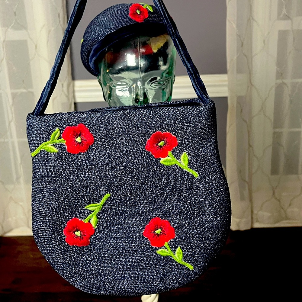 Vintage Sherman matching hat and handbag. Super pretty navy blue with red poppy